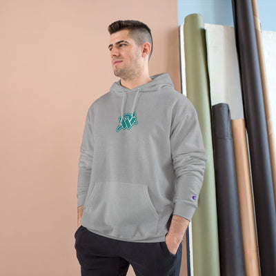 Minimalist Teal Script Champion Hoodie — Small Center Logo Pullover