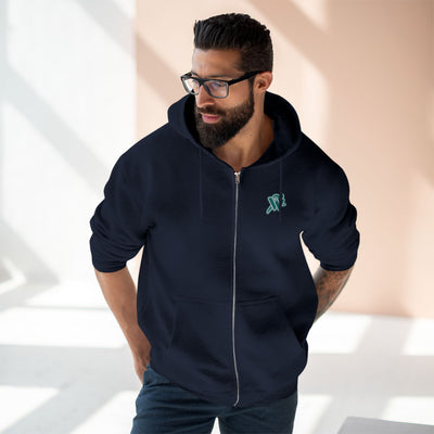 Minimal Teal Monogram Zip Hoodie — Small Chest Logo Casual Zip-Up