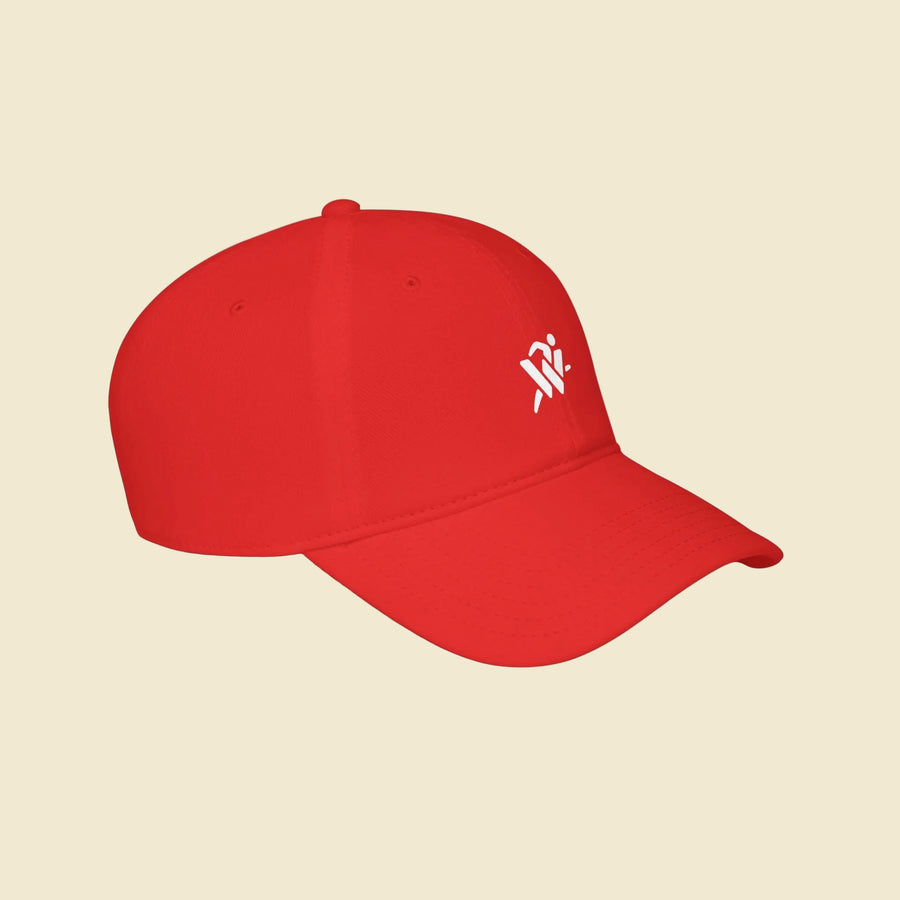 Red Low Profile Baseball Cap with Minimal White Logo — Casual Sports Dad Hat