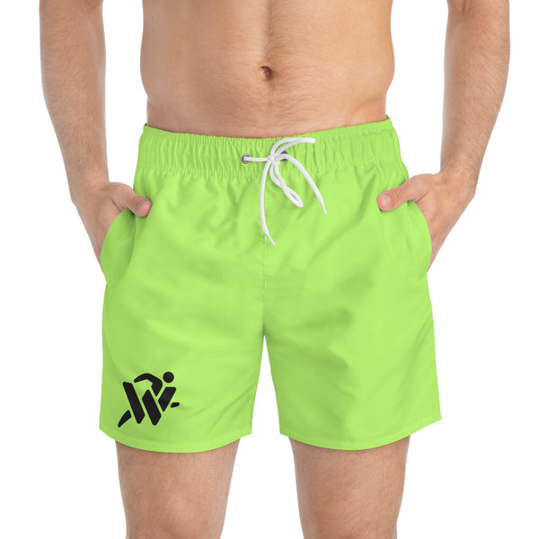 Neon Lime Swim Trunks — Minimal Black Logo Beach Shorts