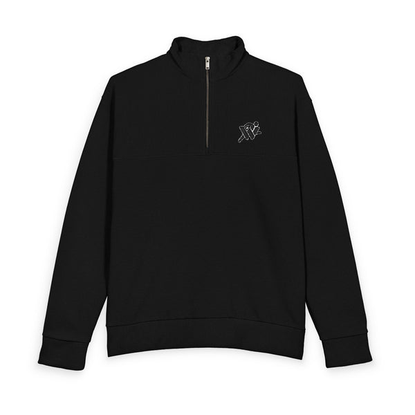 Men's Black Quarter-Zip Pullover — Subtle Linear Texture with Small Chest Graphic