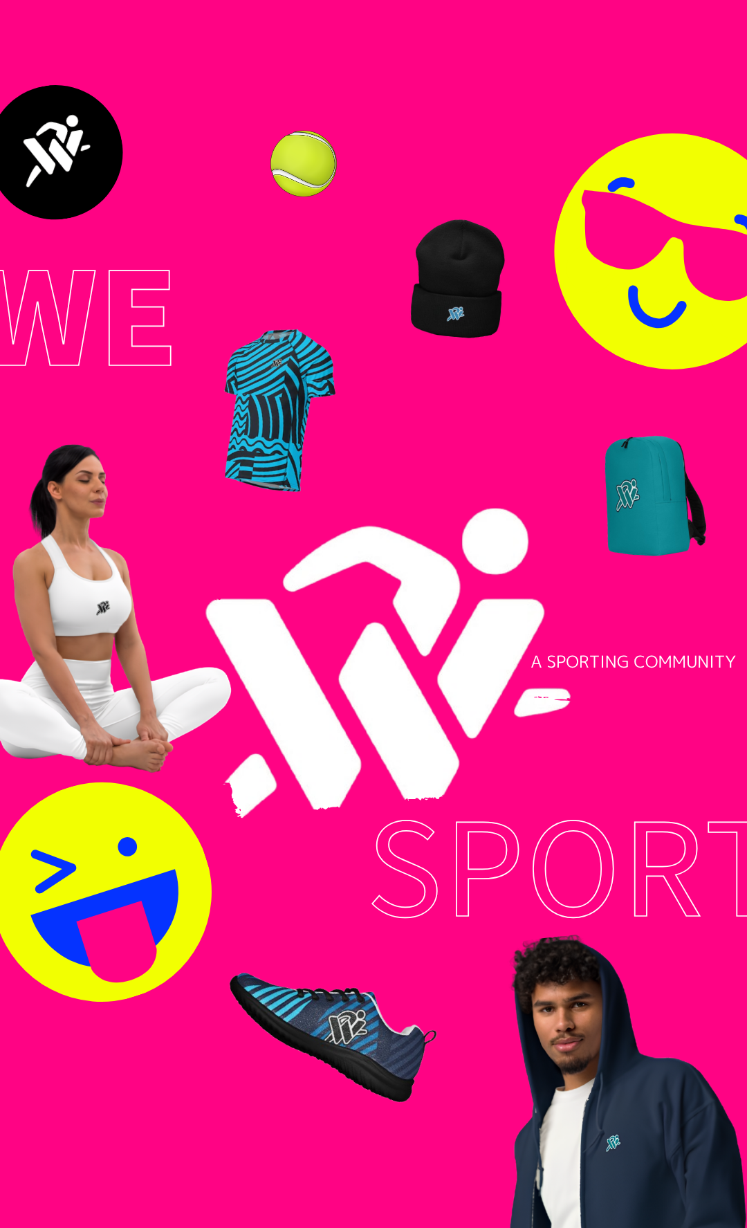 Promotional poster for a sports community with various sports equipment and people on a pink background.